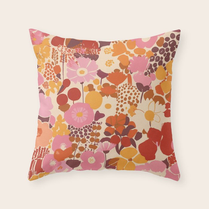 Bold Retro Bloom Collage in Sunset Tones Maximalist Floral Pattern Throw Pillow Gallery Image 6