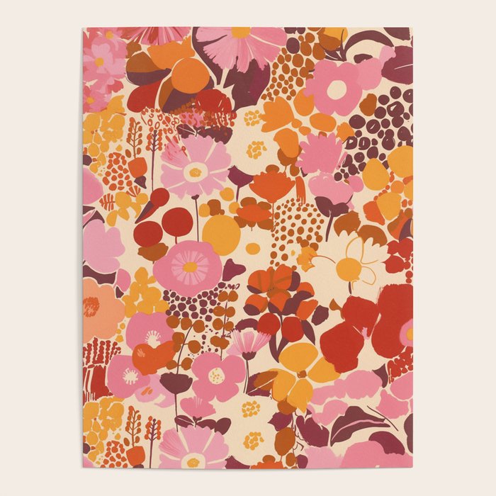 Bold Retro Bloom Collage in Sunset Tones Maximalist Floral Pattern Poster Gallery Image 1