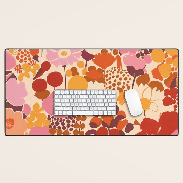 Bold Retro Bloom Collage in Sunset Tones Maximalist Floral Pattern Desk Mat Gallery Image 1
