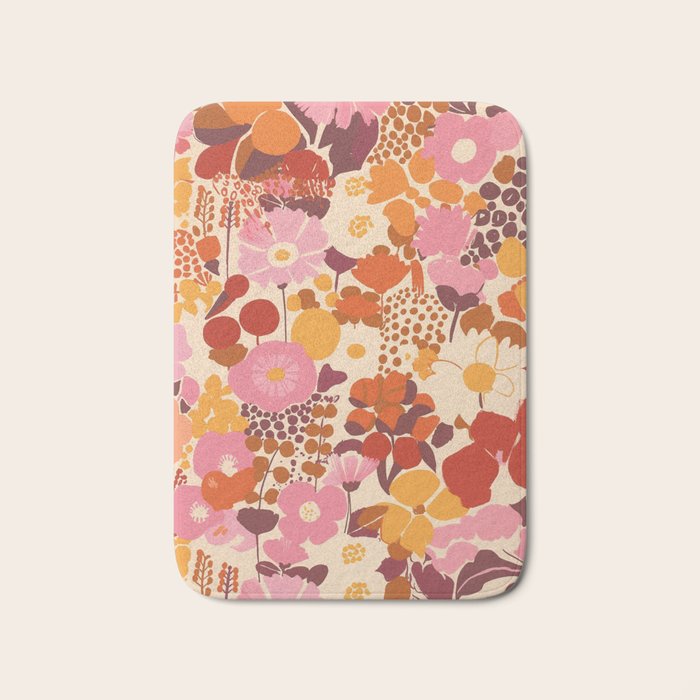 Bold Retro Bloom Collage in Sunset Tones Maximalist Floral Pattern Bath Mat Gallery Image 1