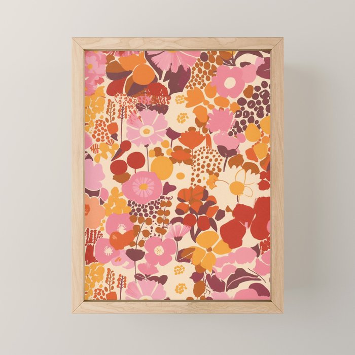 Bold Retro Bloom Collage in Sunset Tones Maximalist Floral Pattern Mini Art Print Gallery Image 1