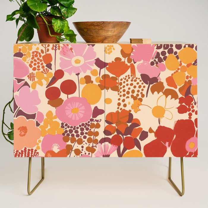 Bold Retro Bloom Collage in Sunset Tones Maximalist Floral Pattern Credenza Gallery Image 1