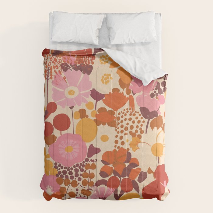 Bold Retro Bloom Collage in Sunset Tones Maximalist Floral Pattern Comforter Gallery Image 1