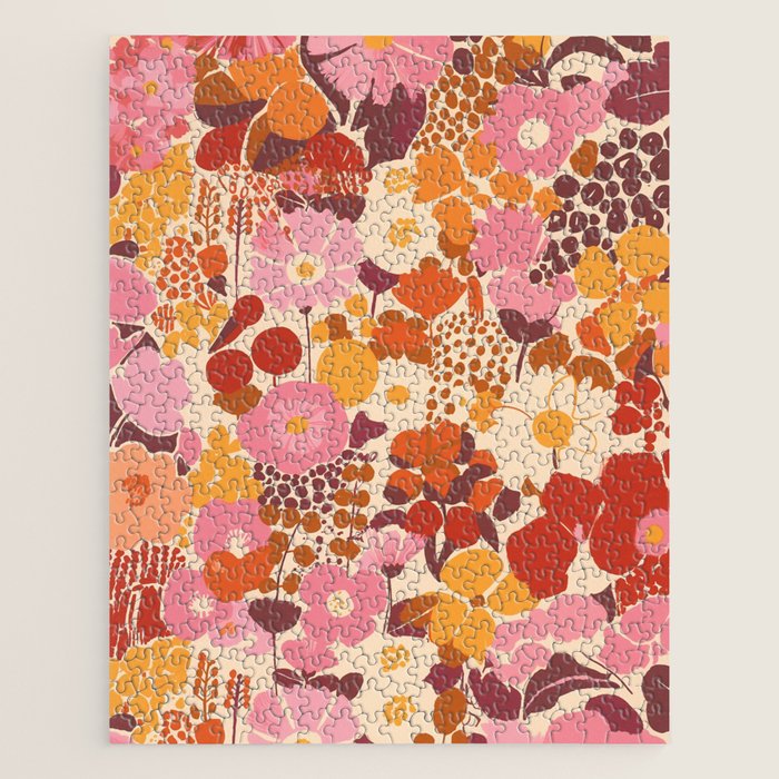 Bold Retro Bloom Collage in Sunset Tones Maximalist Floral Pattern Jigsaw Puzzle Gallery Image 1