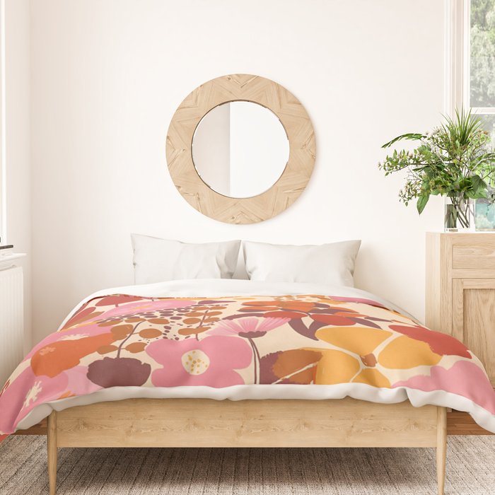 Bold Retro Bloom Collage in Sunset Tones Maximalist Floral Pattern Duvet Cover Gallery Image 3