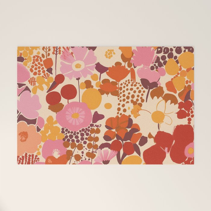Bold Retro Bloom Collage in Sunset Tones Maximalist Floral Pattern Welcome Mat Gallery Image 1