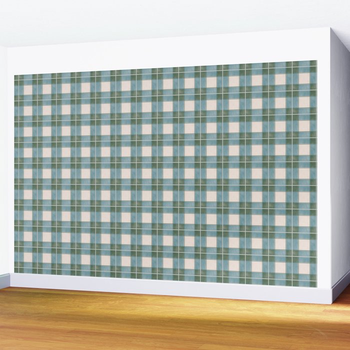 Green, Blue, and Ivory Traditional Plaid Pattern Wall Mural Gallery Image 2