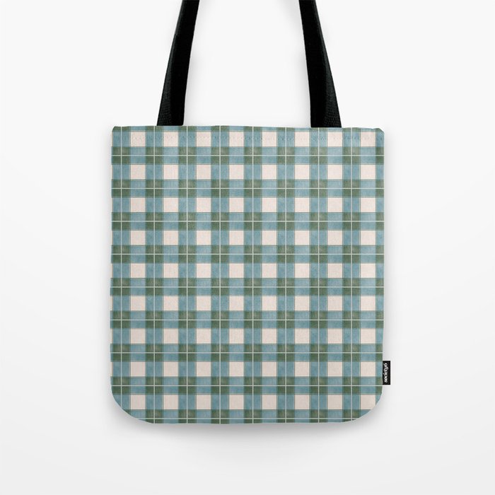 Green, Blue, and Ivory Traditional Plaid Pattern Tote Bag Gallery Image 1