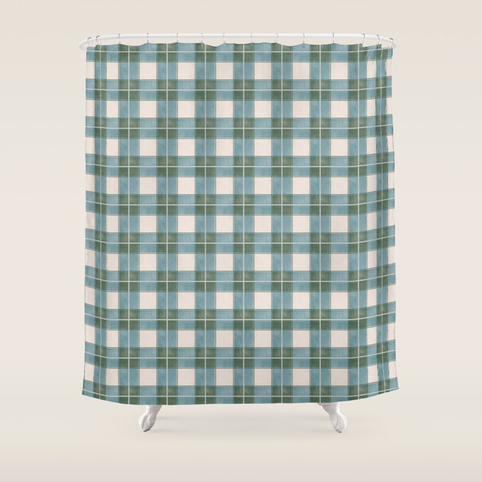 Green, Blue, and Ivory Traditional Plaid Pattern Shower Curtain