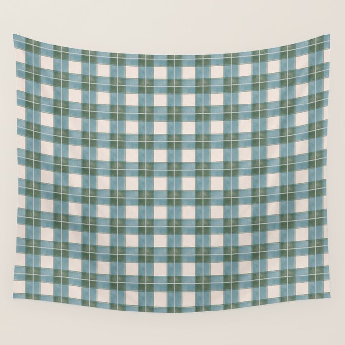 Green, Blue, and Ivory Traditional Plaid Pattern Wall Tapestry Gallery Image 1