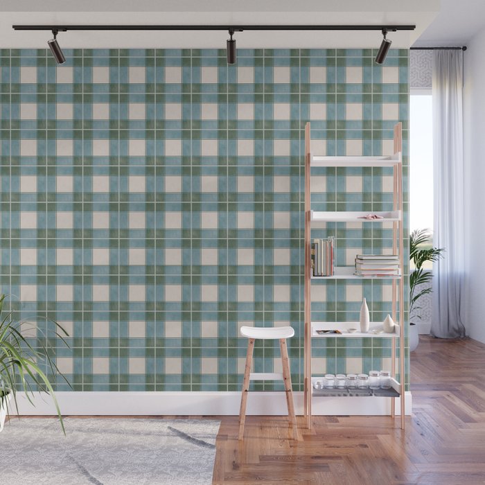 Green, Blue, and Ivory Traditional Plaid Pattern Wall Mural Gallery Image 1