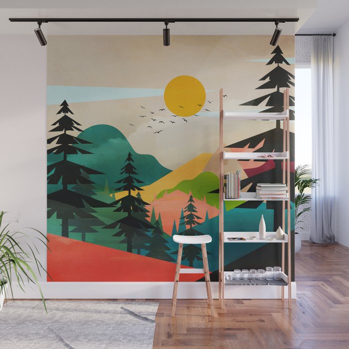 Colorful Morning in the Mountain Forest Wall Mural Gallery Image 1