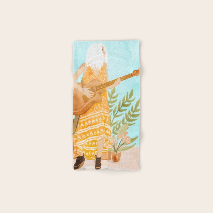 Music Soothes My Soul | Urban Hippie Bohemian Woman Playing the Guitar | Plant Lady Painting Towels Gallery Image 1