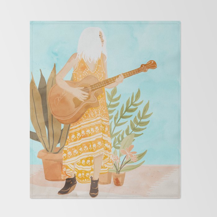 Music Soothes My Soul | Urban Hippie Bohemian Woman Playing the Guitar | Plant Lady Painting Throw Blanket Gallery Image 2