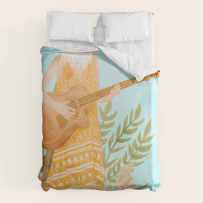Music Soothes My Soul | Urban Hippie Bohemian Woman Playing the Guitar | Plant Lady Painting Duvet Cover Gallery Image 6