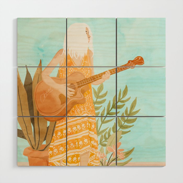 Music Soothes My Soul | Urban Hippie Bohemian Woman Playing the Guitar | Plant Lady Painting Wood Wall Art Gallery Image 1