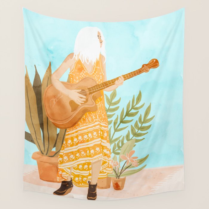 Music Soothes My Soul | Urban Hippie Bohemian Woman Playing the Guitar | Plant Lady Painting Wall Tapestry Gallery Image 4