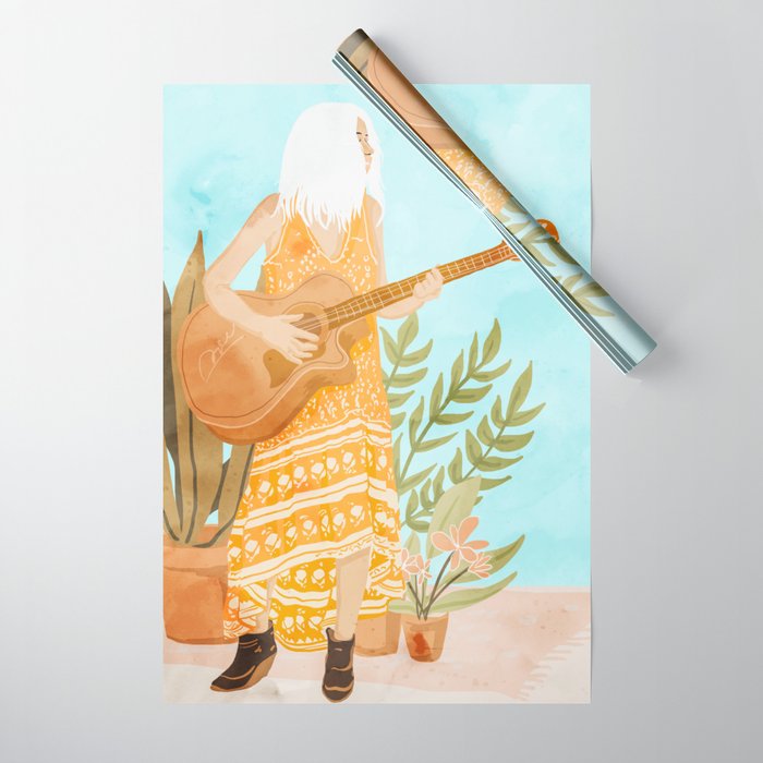 Music Soothes My Soul | Urban Hippie Bohemian Woman Playing the Guitar | Plant Lady Painting Wrapping Paper Gallery Image 1
