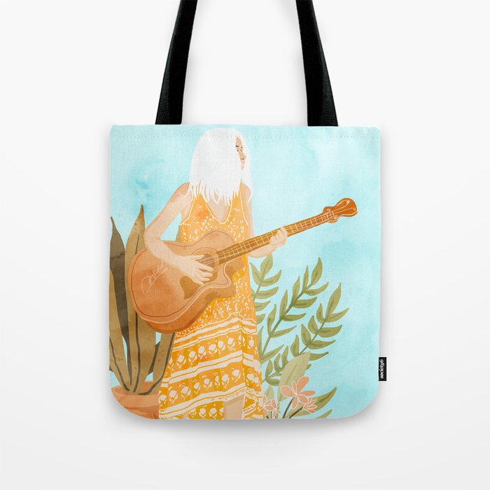 Music Soothes My Soul | Urban Hippie Bohemian Woman Playing the Guitar | Plant Lady Painting Tote Bag Gallery Image 1