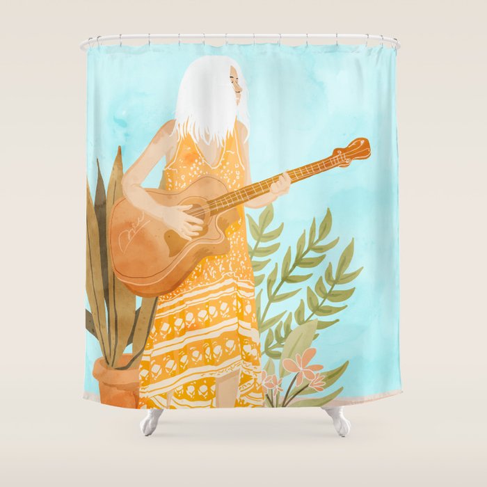 Music Soothes My Soul | Urban Hippie Bohemian Woman Playing the Guitar | Plant Lady Painting Shower Curtain Gallery Image 1