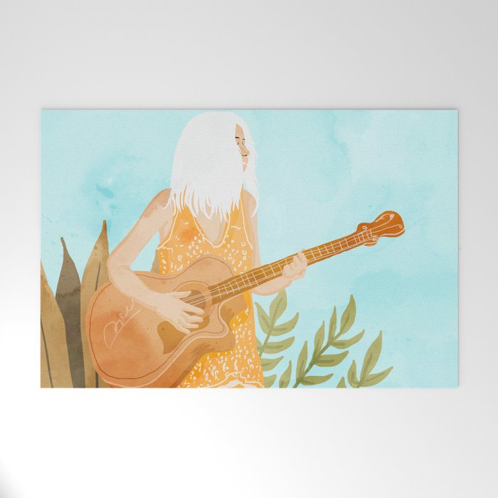 Music Soothes My Soul | Urban Hippie Bohemian Woman Playing the Guitar | Plant Lady Painting Welcome Mat Gallery Image 1