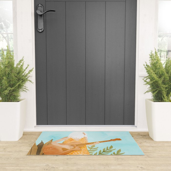Music Soothes My Soul | Urban Hippie Bohemian Woman Playing the Guitar | Plant Lady Painting Welcome Mat Gallery Image 3
