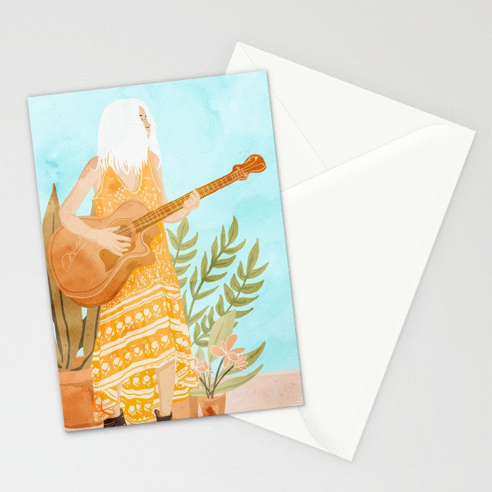 Music Soothes My Soul | Urban Hippie Bohemian Woman Playing the Guitar | Plant Lady Painting Stationery Card Gallery Image 2