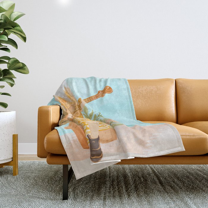 Music Soothes My Soul | Urban Hippie Bohemian Woman Playing the Guitar | Plant Lady Painting Throw Blanket Gallery Image 1