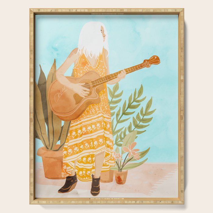 Music Soothes My Soul | Urban Hippie Bohemian Woman Playing the Guitar | Plant Lady Painting Serving Tray Gallery Image 1
