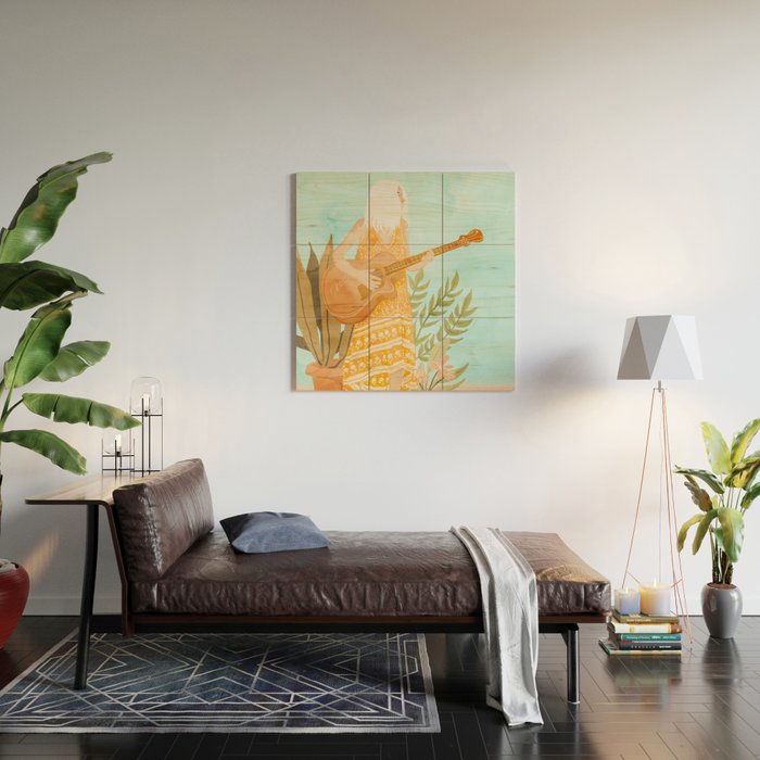 Music Soothes My Soul | Urban Hippie Bohemian Woman Playing the Guitar | Plant Lady Painting Wood Wall Art Gallery Image 2