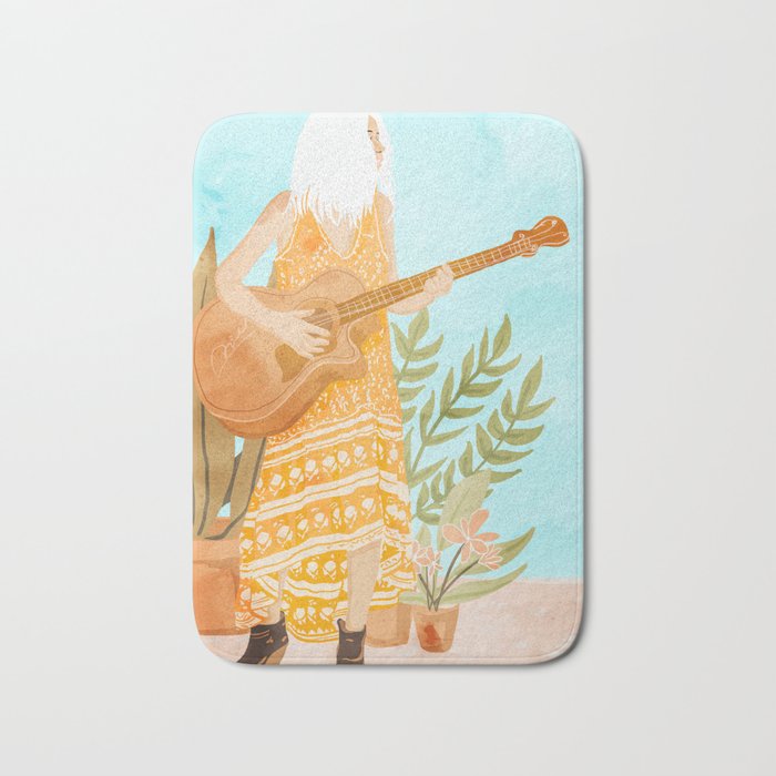 Music Soothes My Soul | Urban Hippie Bohemian Woman Playing the Guitar | Plant Lady Painting Bath Mat Gallery Image 1