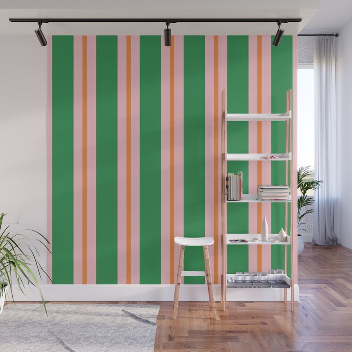 Bold Stripes Green Pink Orange Pattern Wall Mural Gallery Image 1