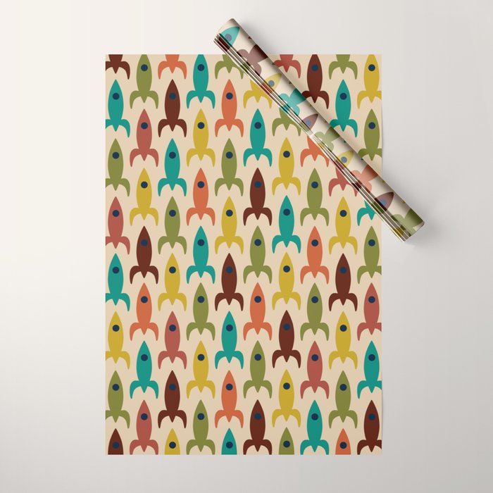 Space Age Rocket Ships - Atomic Age Mid-Century Modern Pattern in Mid Mod Colors on Beige Wrapping Paper Gallery Image 1