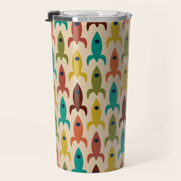 Space Age Rocket Ships - Atomic Age Mid-Century Modern Pattern in Mid Mod Colors on Beige Travel Mug Gallery Image 3