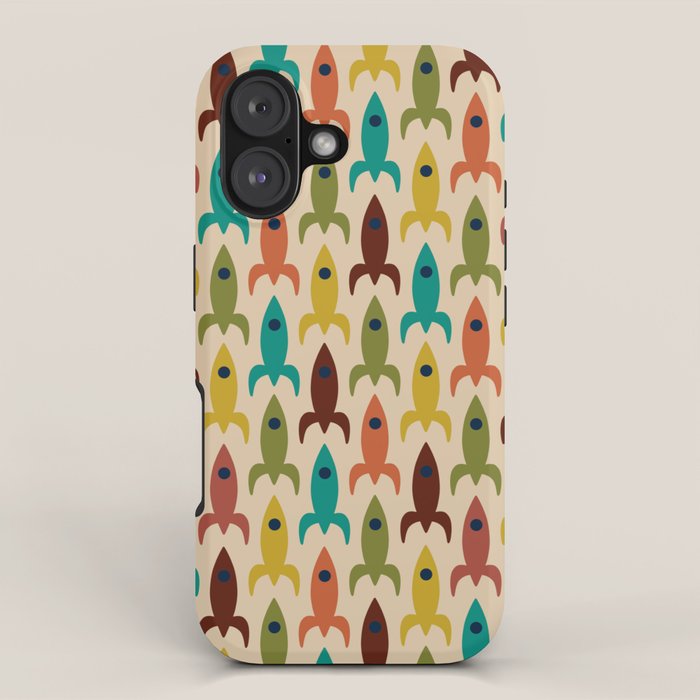 Space Age Rocket Ships - Atomic Age Mid-Century Modern Pattern in Mid Mod Colors on Beige iPhone Case Gallery Image 1