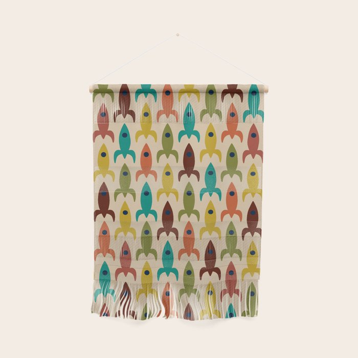 Space Age Rocket Ships - Atomic Age Mid-Century Modern Pattern in Mid Mod Colors on Beige Wall Hanging Gallery Image 1