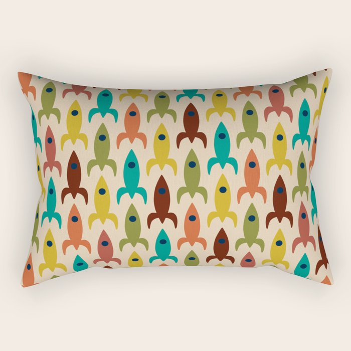 Space Age Rocket Ships - Atomic Age Mid-Century Modern Pattern in Mid Mod Colors on Beige Rectangular Pillow Gallery Image 1