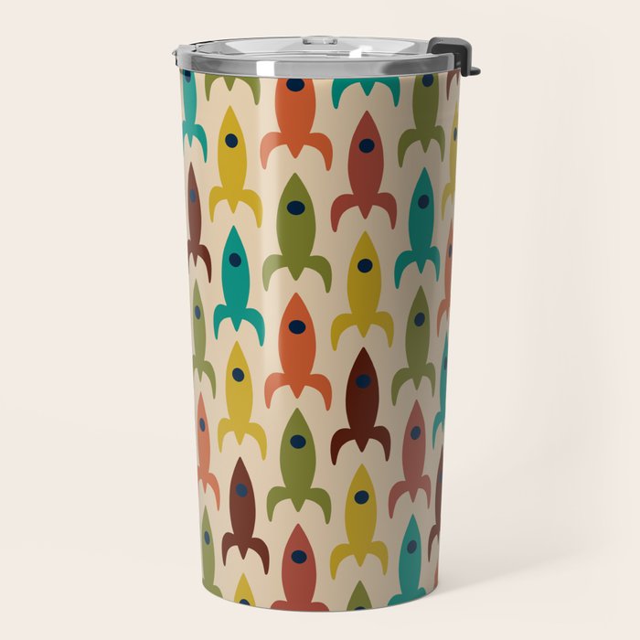 Space Age Rocket Ships - Atomic Age Mid-Century Modern Pattern in Mid Mod Colors on Beige Travel Mug Gallery Image 2