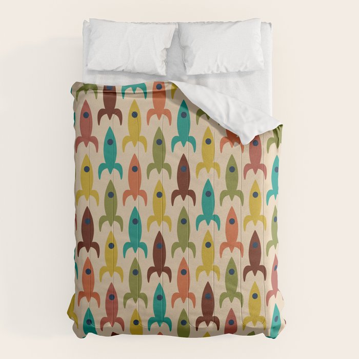 Space Age Rocket Ships - Atomic Age Mid-Century Modern Pattern in Mid Mod Colors on Beige Comforter Gallery Image 6