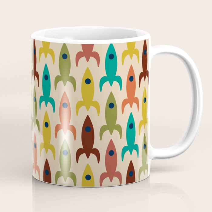 Space Age Rocket Ships - Atomic Age Mid-Century Modern Pattern in Mid Mod Colors on Beige Coffee Mug Gallery Image 1