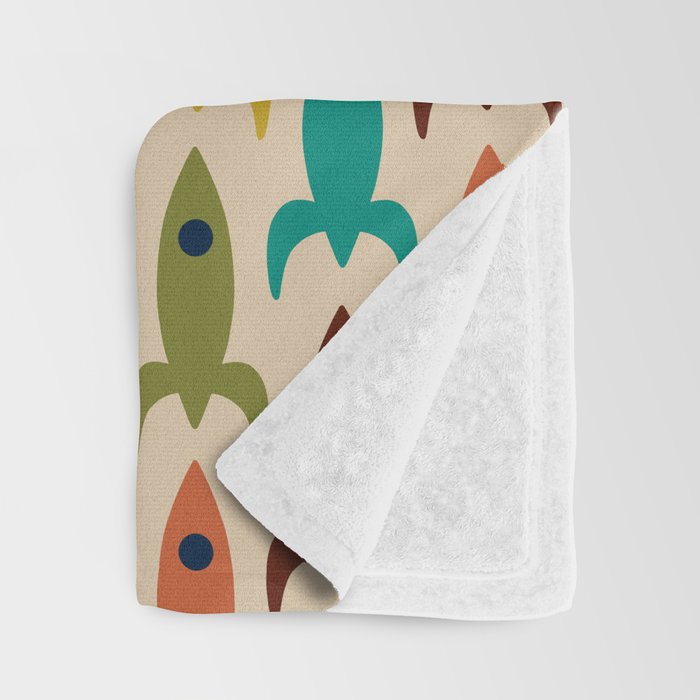 Space Age Rocket Ships - Atomic Age Mid-Century Modern Pattern in Mid Mod Colors on Beige Throw Blanket Gallery Image 3
