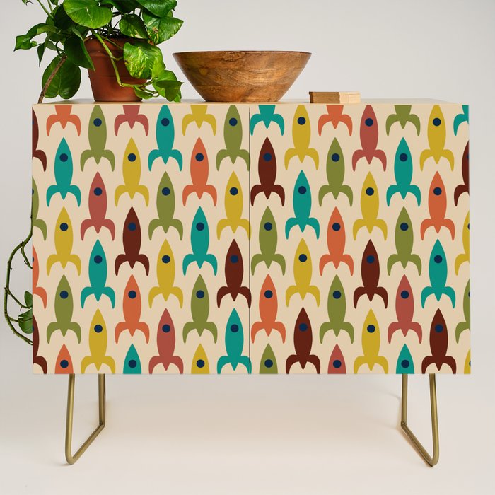 Space Age Rocket Ships - Atomic Age Mid-Century Modern Pattern in Mid Mod Colors on Beige Credenza Gallery Image 1