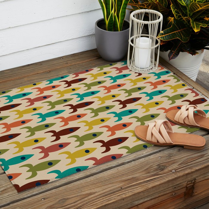 Space Age Rocket Ships - Atomic Age Mid-Century Modern Pattern in Mid Mod Colors on Beige Outdoor Rug Gallery Image 2
