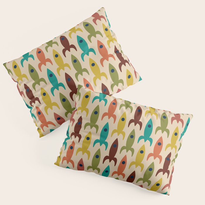 Space Age Rocket Ships - Atomic Age Mid-Century Modern Pattern in Mid Mod Colors on Beige Pillow Sham Gallery Image 1