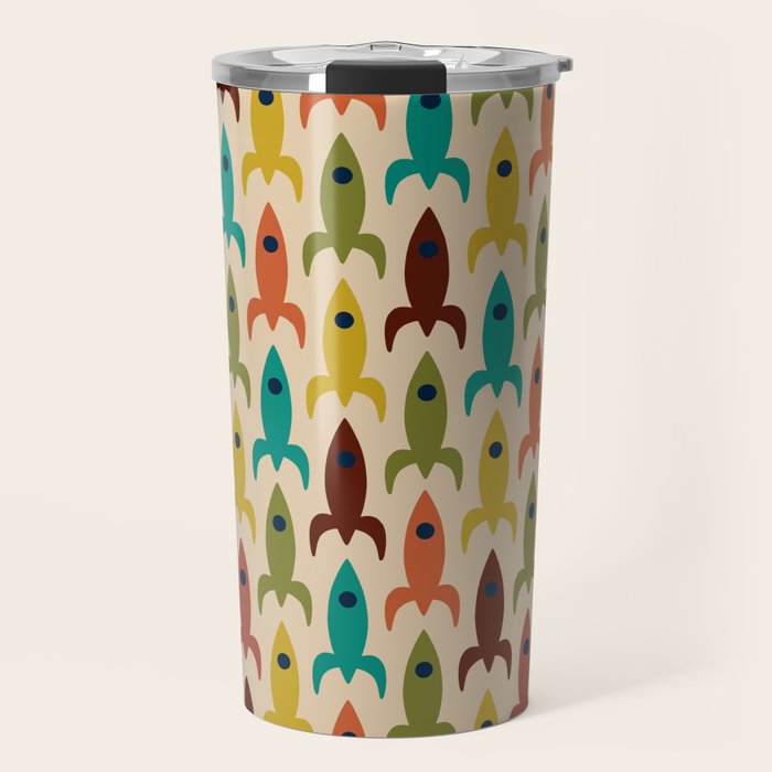 Space Age Rocket Ships - Atomic Age Mid-Century Modern Pattern in Mid Mod Colors on Beige Travel Mug Gallery Image 1