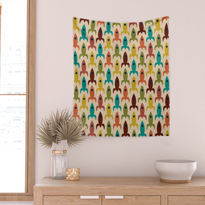 Space Age Rocket Ships - Atomic Age Mid-Century Modern Pattern in Mid Mod Colors on Beige Wall Tapestry Gallery Image 2