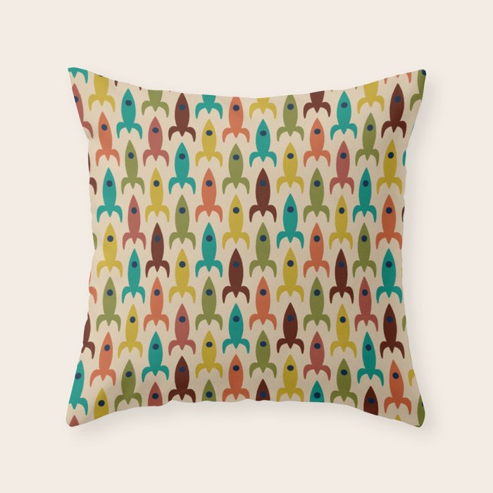 Space Age Rocket Ships - Atomic Age Mid-Century Modern Pattern in Mid Mod Colors on Beige Throw Pillow Gallery Image 6