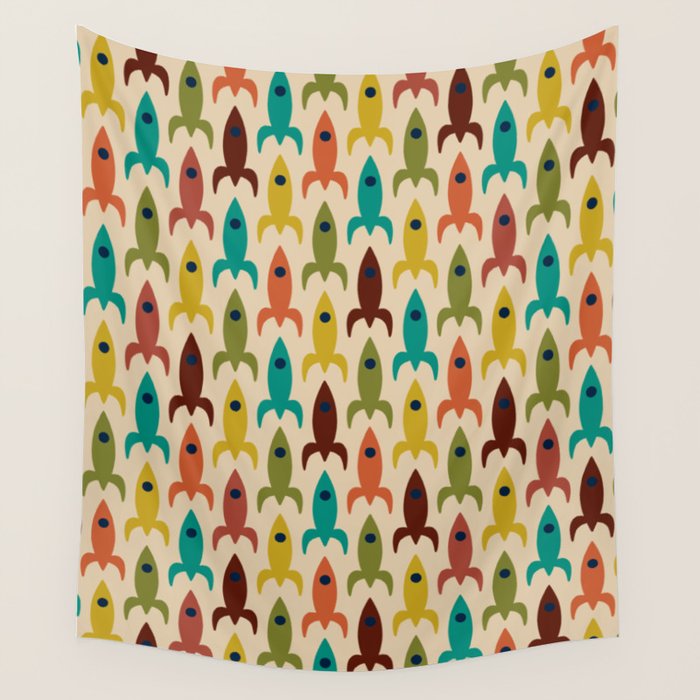 Space Age Rocket Ships - Atomic Age Mid-Century Modern Pattern in Mid Mod Colors on Beige Wall Tapestry Gallery Image 4