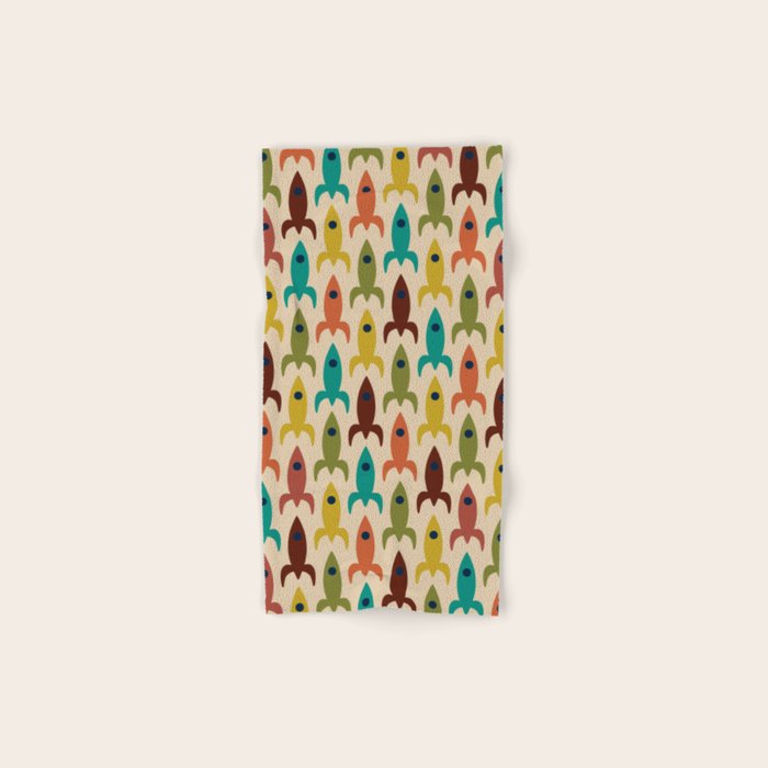 Space Age Rocket Ships - Atomic Age Mid-Century Modern Pattern in Mid Mod Colors on Beige Bath Towel Gallery Image 1