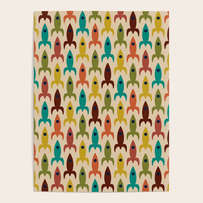 Space Age Rocket Ships - Atomic Age Mid-Century Modern Pattern in Mid Mod Colors on Beige Poster Gallery Image 1